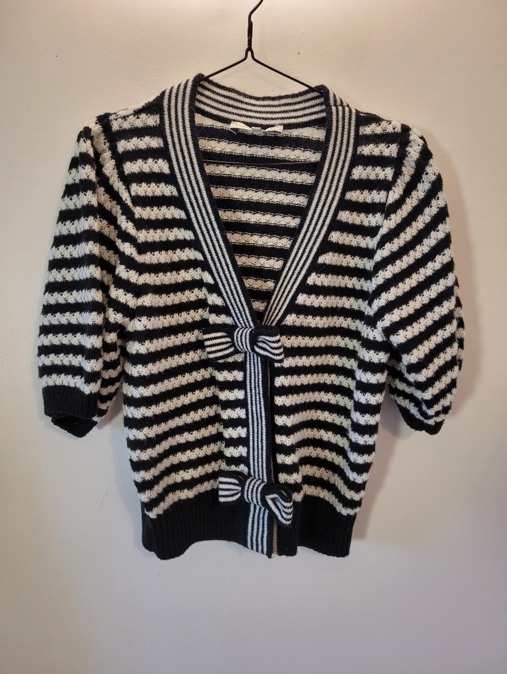 English Factory Short Sleeve Knit Striped Bow Cardigan In Black & White - Size M